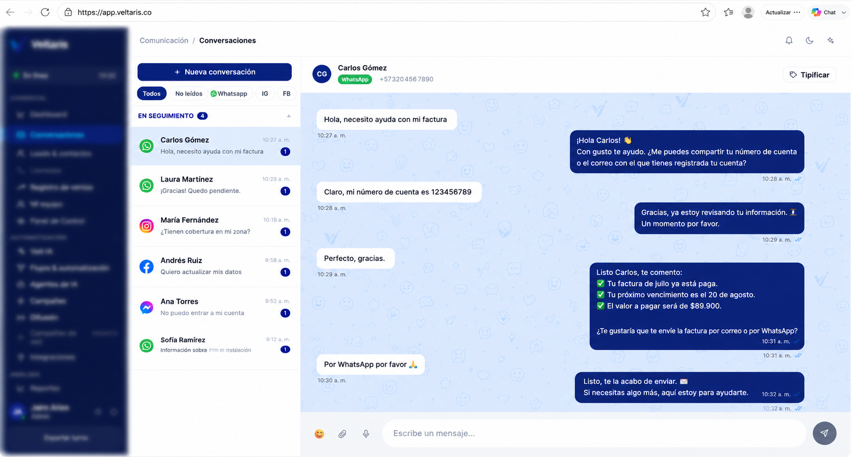 Vista de Conversaciones de Veltaris con mensajes de WhatsApp
